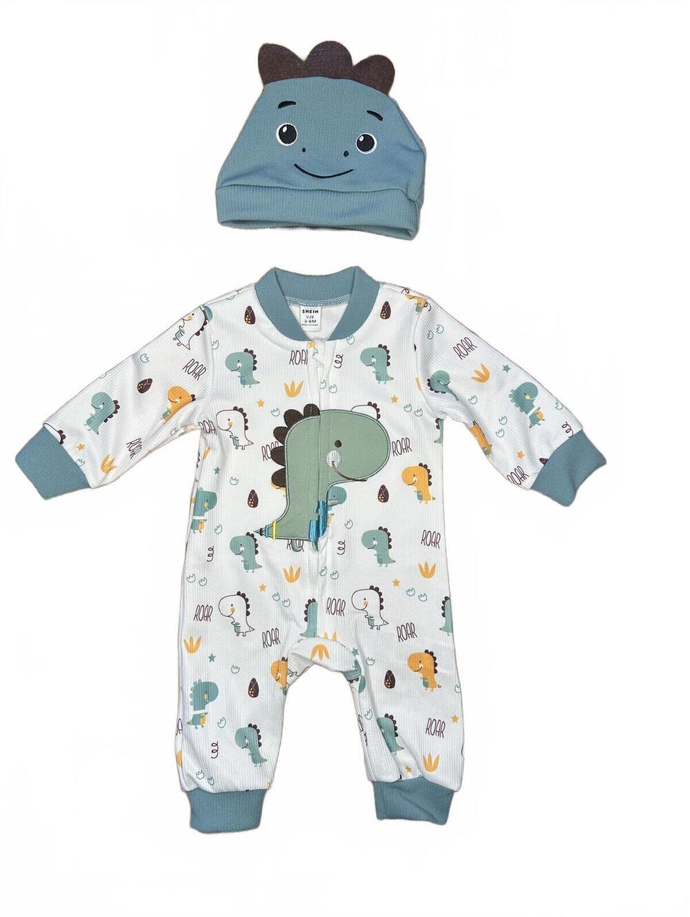 SHEIN Baby Dinosaur Romper and Hat Set 3-6M Blue/White